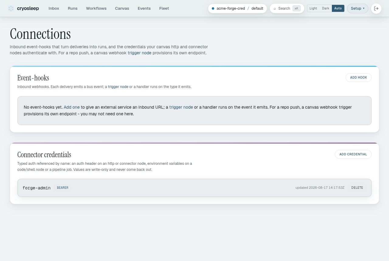 The connections page holding a bearer credential named forge-admin - the forge token cryosleep uses to create the webhook on your behalf. Only its name and kind are shown; the token itself is never displayed again.